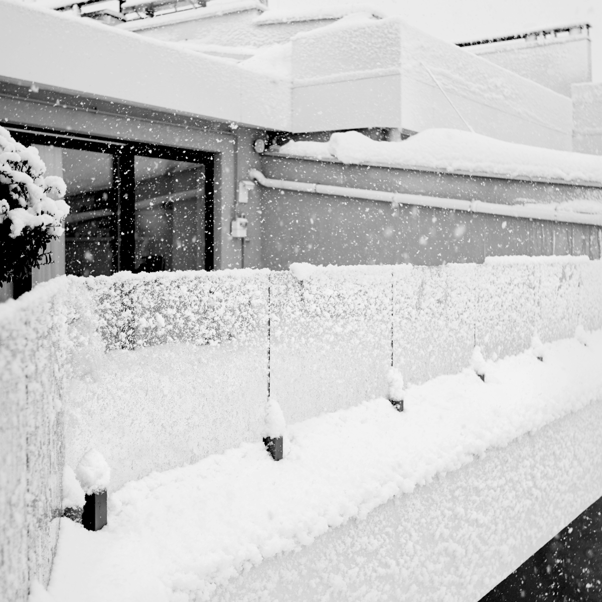 heavy snowfall on apartments in black and white